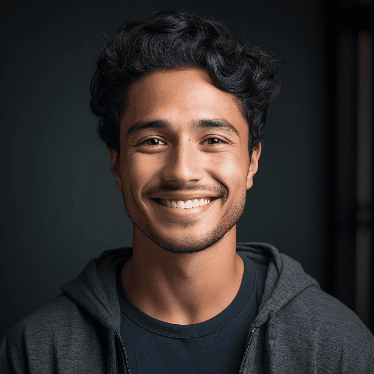 Smiling young man with curly hair, wearing a dark hoodie, against a softly lit background.