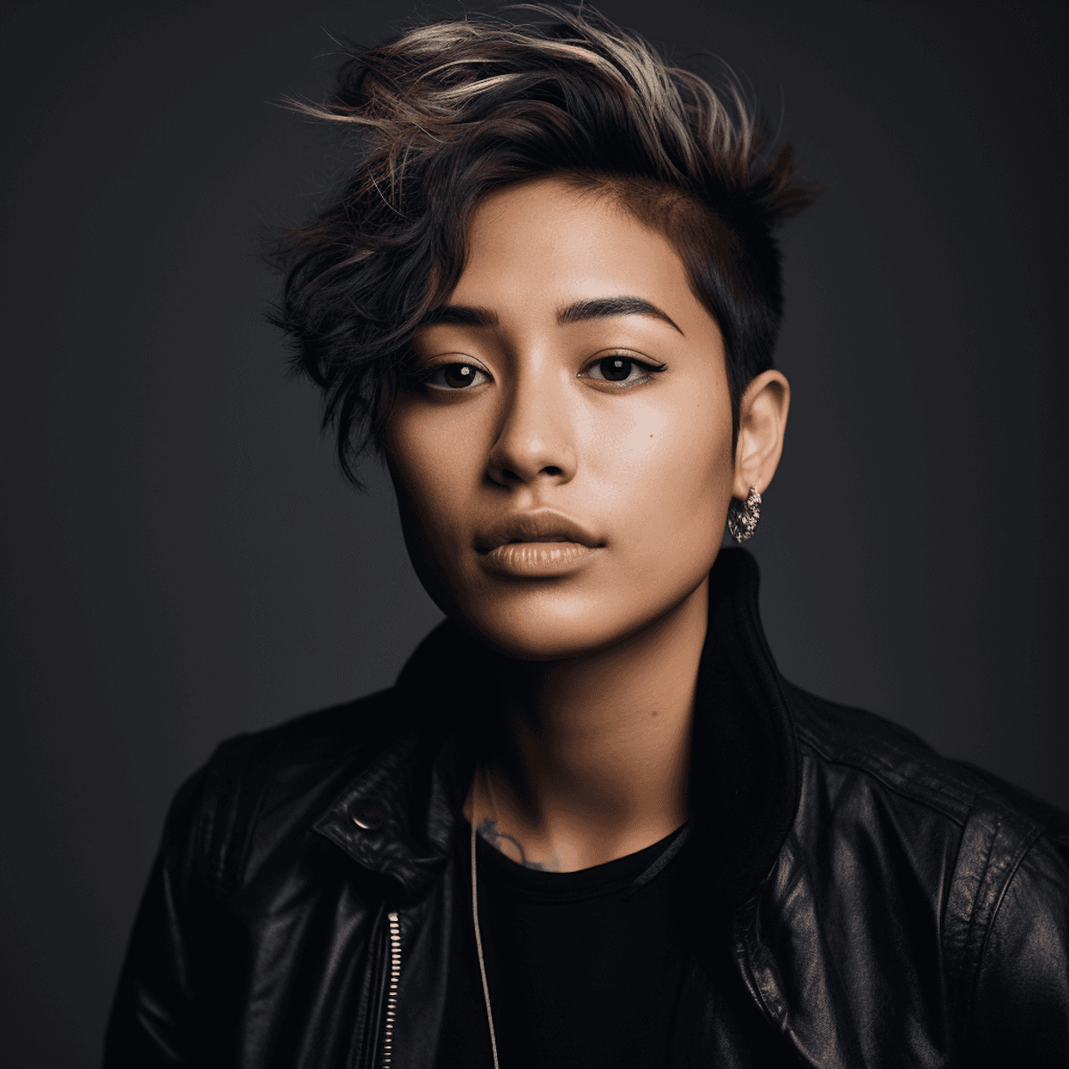 A confident person with short, styled hair and a leather jacket poses against a dark backdrop.