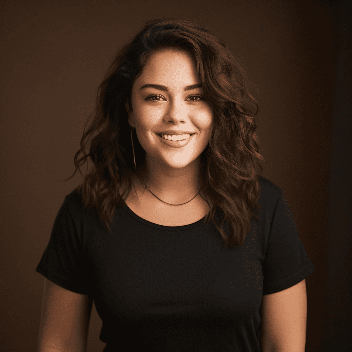 Smiling person with curly hair, wearing a black shirt, against a warm, dark background.