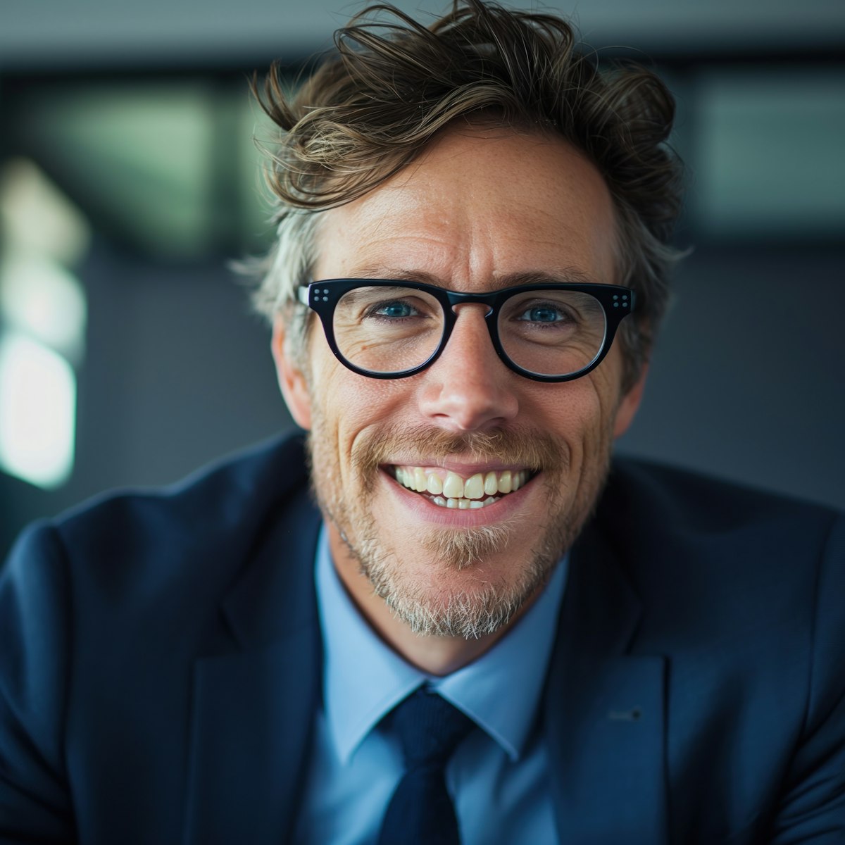 A smiling man in a suit and glasses sits at a table, with a modern office backdrop.