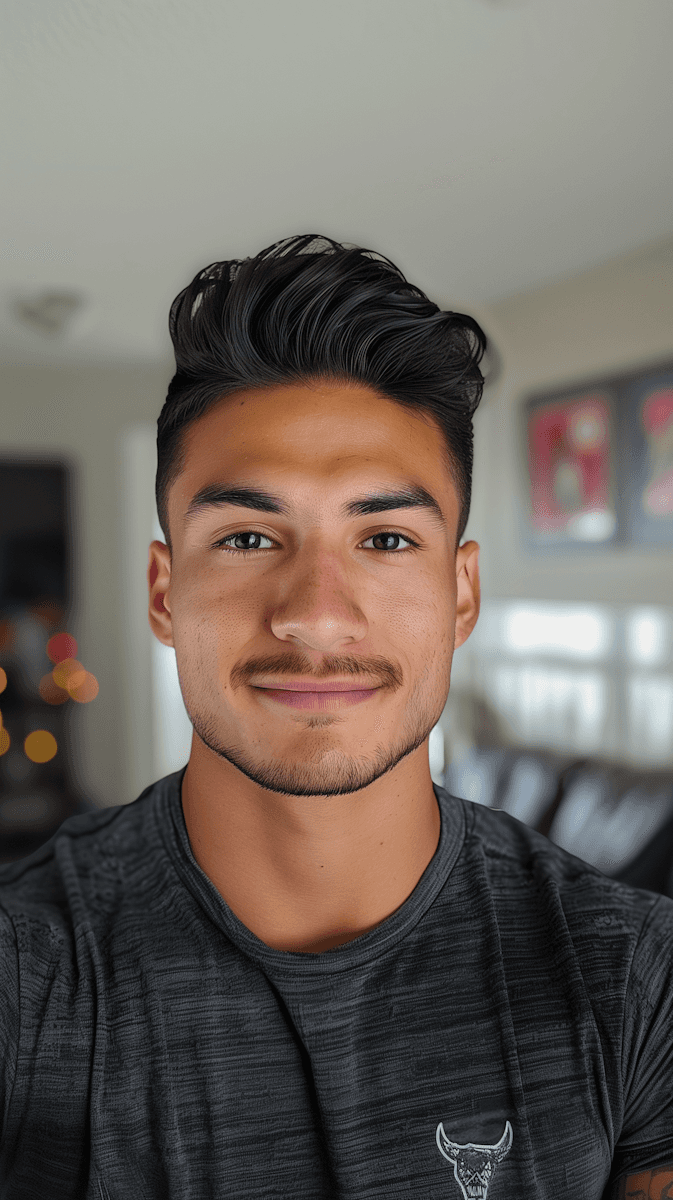 A young man with dark hair smiles at the camera, set against a modern indoor background.