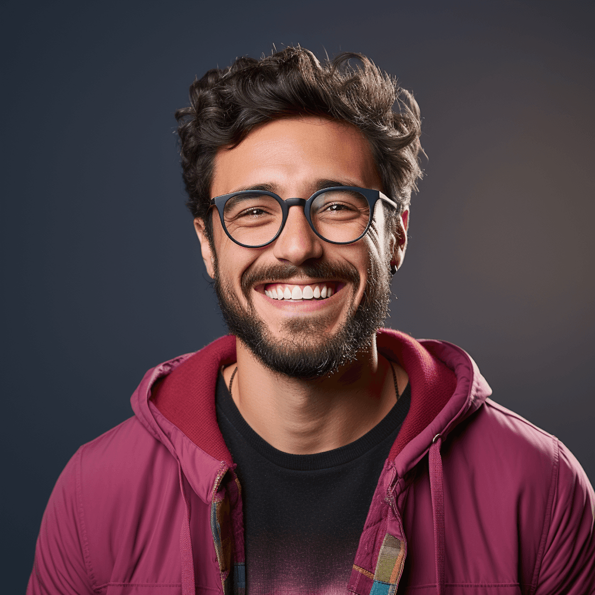 A smiling man with glasses, curly hair, wearing a maroon hoodie, poses against a dark background.