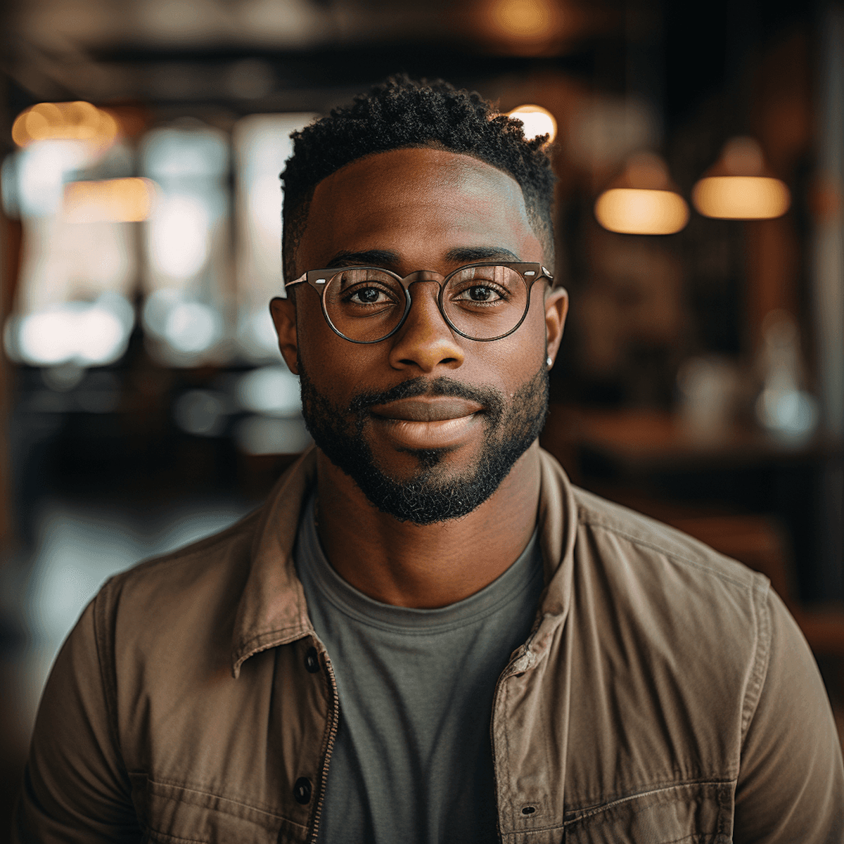 A man with glasses and a beard is looking directly at the camera, seated in a cozy, dimly lit café.