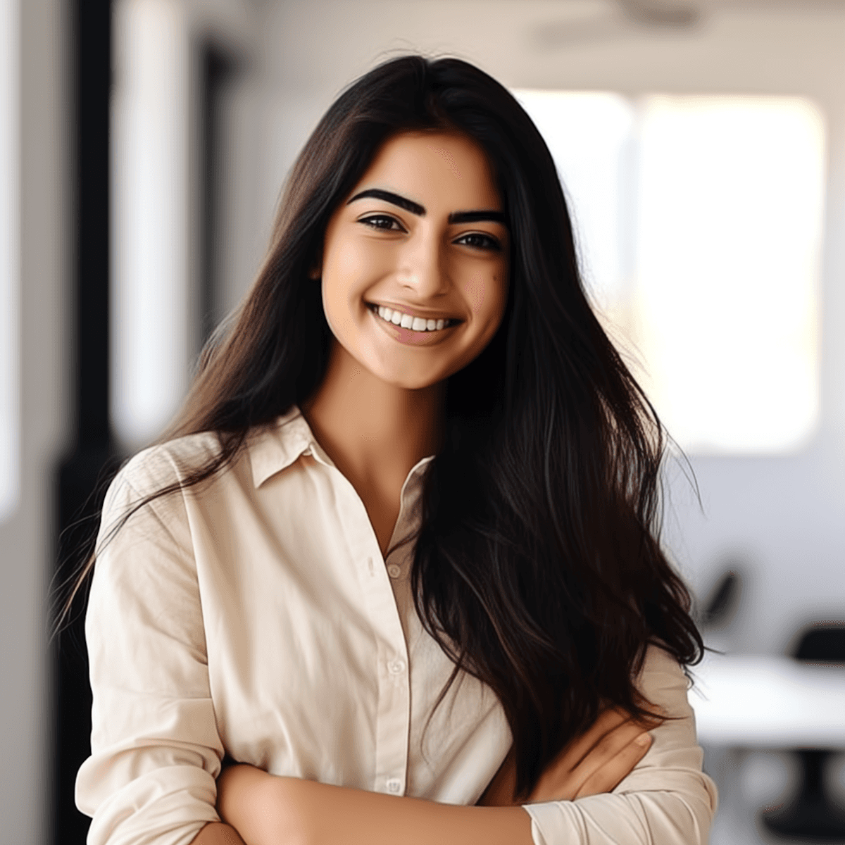 A young woman with long dark hair smiles confidently while crossing her arms in a modern indoor setting.