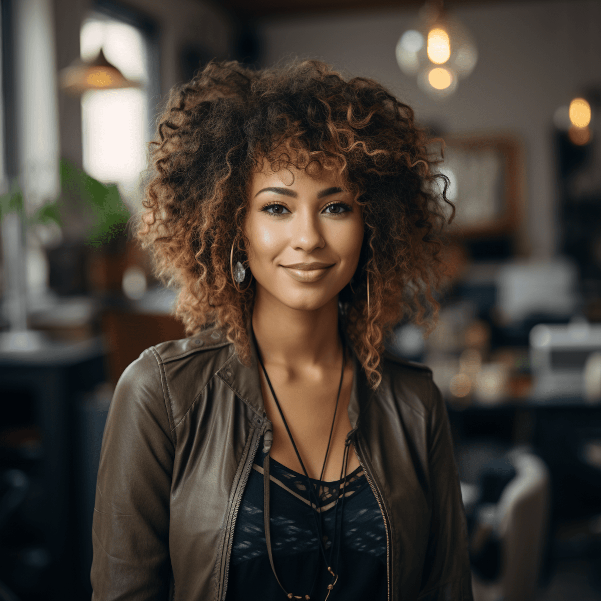 A smiling person with curly hair, wearing a leather jacket, stands in a cozy indoor setting.