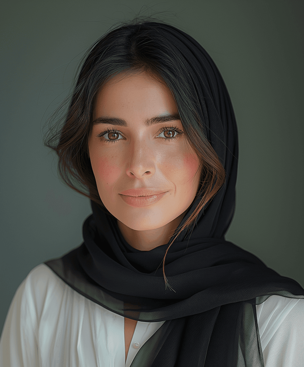 A woman with long dark hair wearing a black hijab, looking calmly at the camera against a muted background.