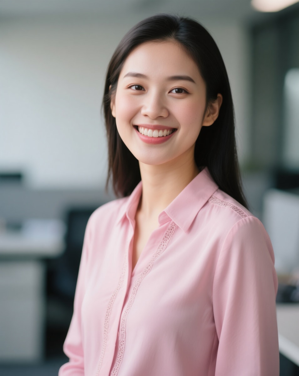A smiling young woman in a pink blouse stands in an office setting, with soft lighting and a professional backdrop.
